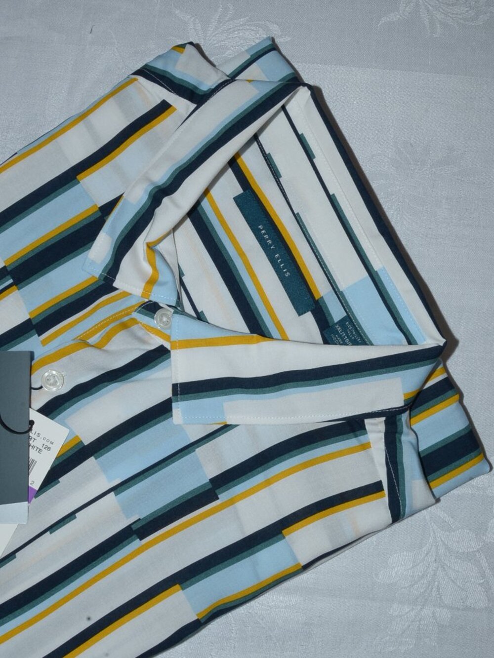 Perry Ellis Striped Button-Down Shirt XXL - Bright White, Blue, Yellow